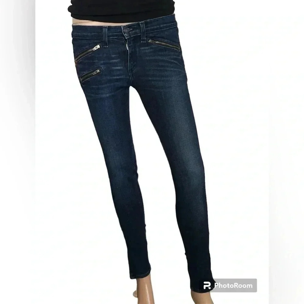 Rag&Bone Moto Style Ankle Zip Skinny Stretch Low Rise Dark Blue Denim Jeans